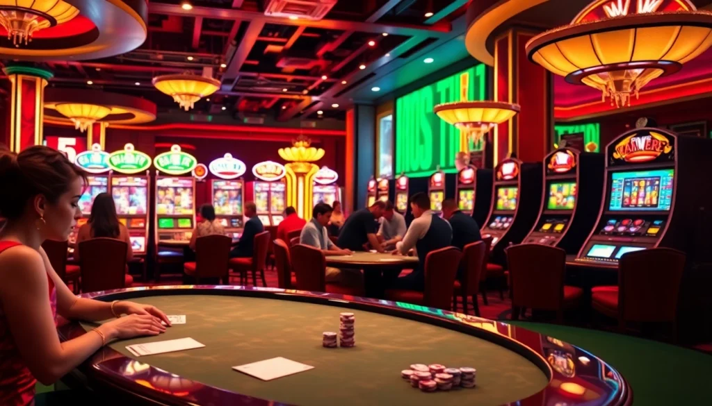 Experience thrilling gaming at rr88wang.com with players at casino tables enjoying poker and blackjack games amidst vibrant slot machines.