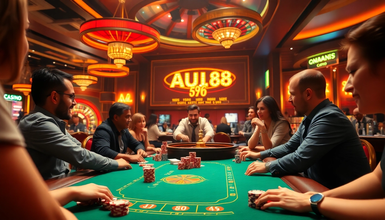 Players enjoying the thrill of a poker game at AU88 casino, with vibrant chips and cards.