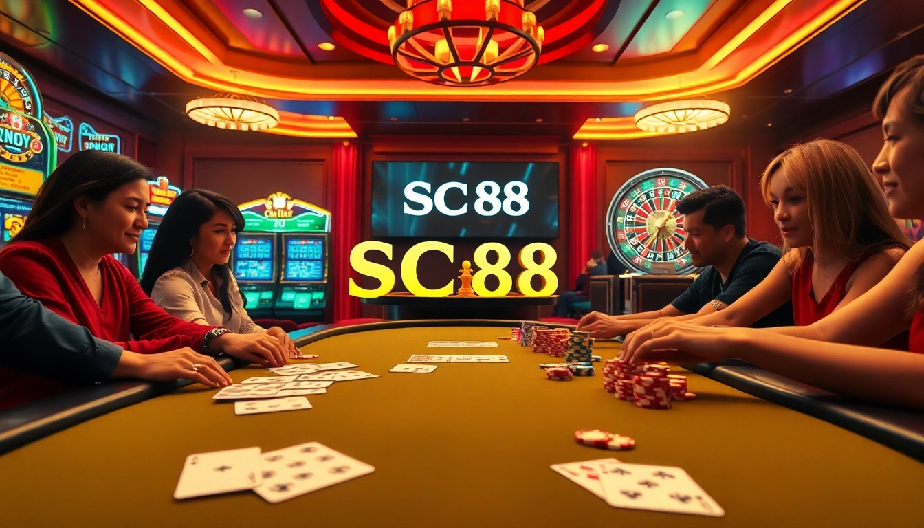 Experience SC88 as players engage in a thrilling poker game, highlighting excitement and strategy in a luxurious casino setting.