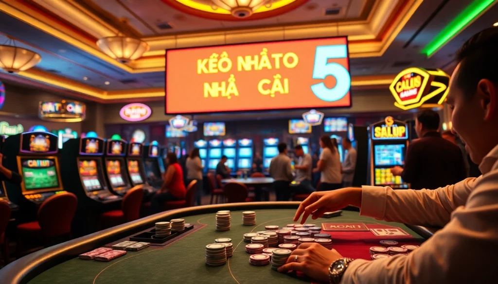 Kèo Nhà Cái 5 highlights thrilling poker action with vibrant chips, cards, and a skilled dealer.