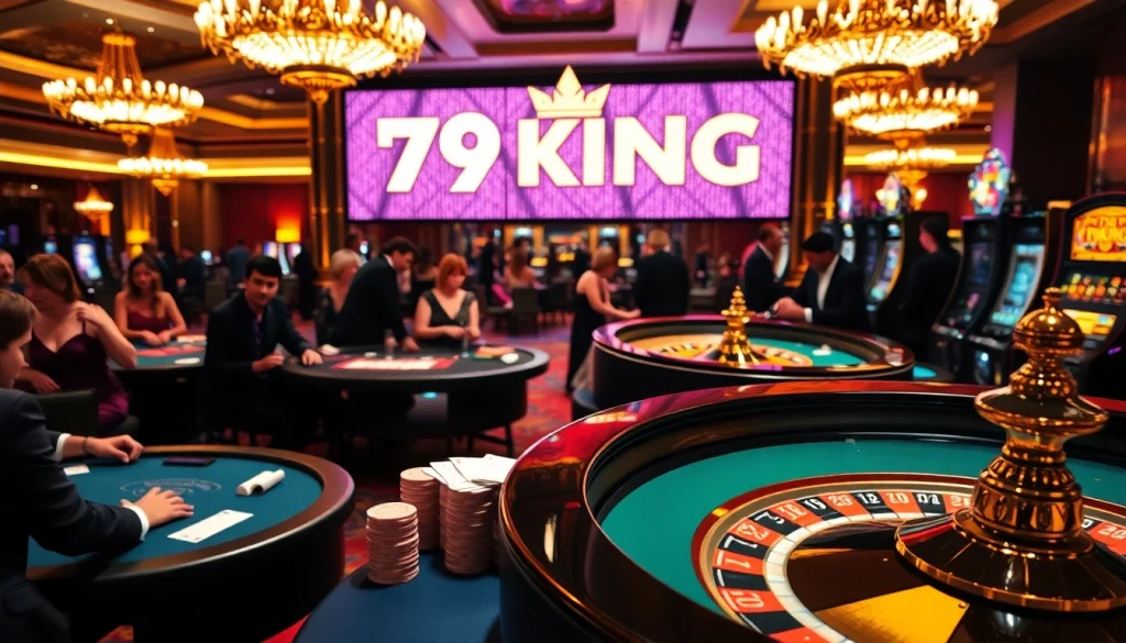 79KING casino scene highlighting enthusiastic players at poker and roulette tables.