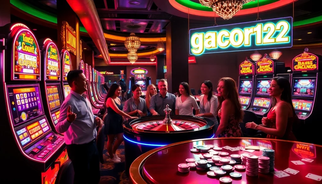 Experience the excitement at gacor123 slot machines with lively players and vibrant games in the casino.