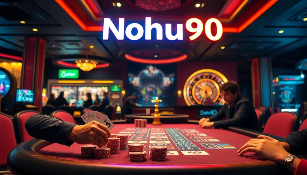 Nohu90 invitation to a high-stakes blackjack game with vibrant casino atmosphere and exciting players