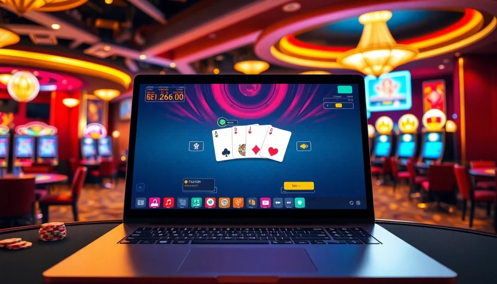 Kèo Nhà Cái 5 highlights a thrilling online poker game on a casino laptop screen.